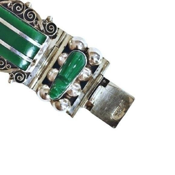 Vintage Sterling Mexico Silver & Jade Bracelet - Picture 6 of 7